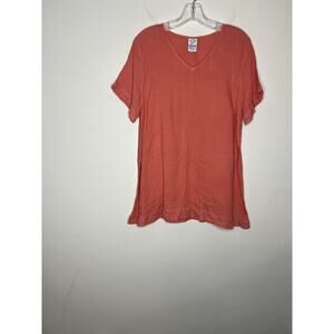 Match Point Womens Linen Tunic Shirt Large Orange V Neck Beachy Boho Minimalist